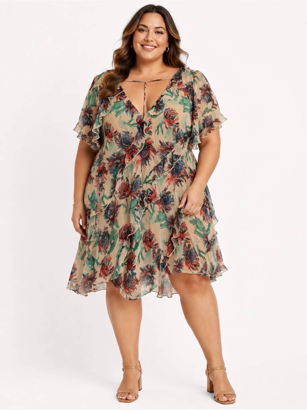 Anthropologie Floral Ruffle Plus Size Dress in Tan, Green & Red